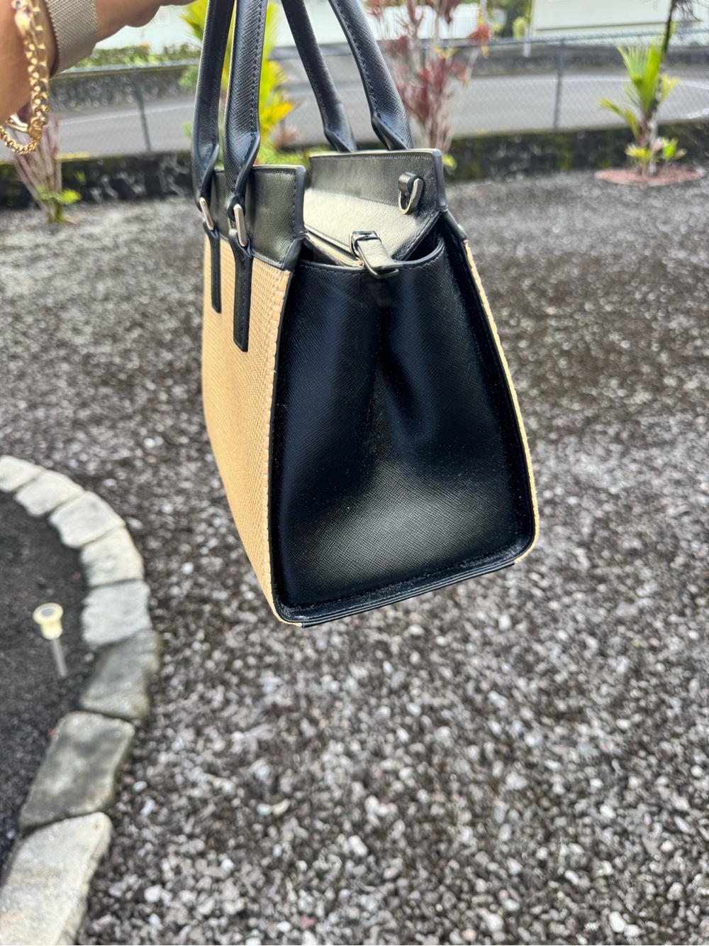 Kate Spade New York Raffia & Black Leather Satchel Crossbody Tote Bag - Picture 5 of 12